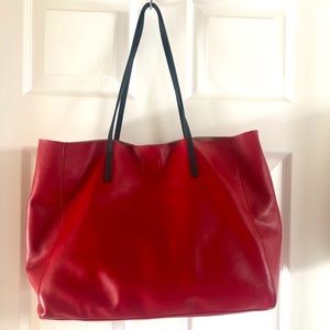 Red leather tote bag